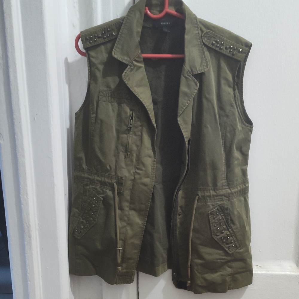 Forever 21 Olive Green Sleeveless Blazer with Studded Details